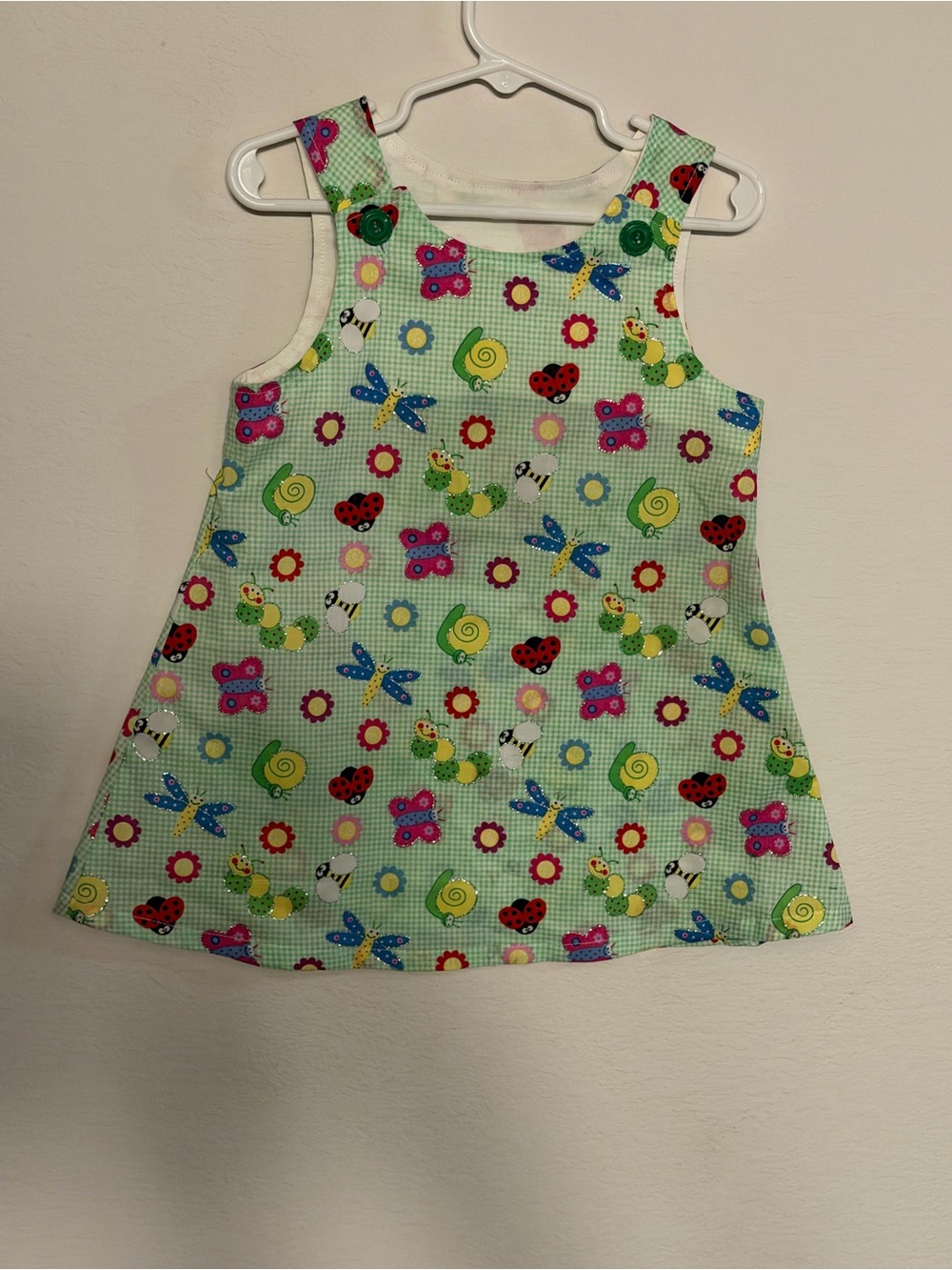 Green Toddler Dress with Colorful Bugs & Flowers
